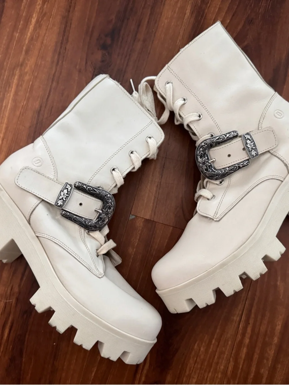 dingo Cream Lace-Up Lug Sole Boot with Silver Buckle